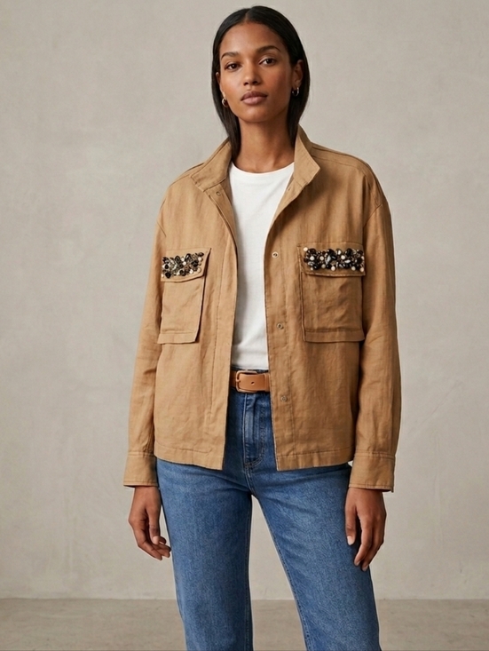 Mango Jackets & Blazers - Mango Size XS Tan Beaded Linen Utility Jacket